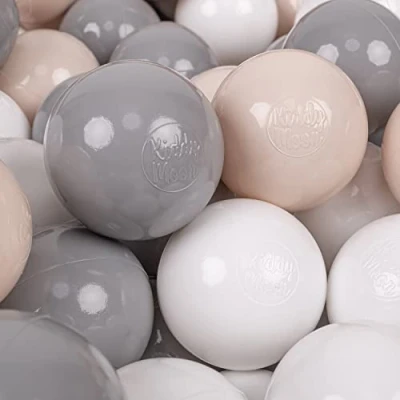 Afbeelding van KiddyMoon 200 ballen/7 cm kleurrijke plastic ballen voor zwembad kind baby made in EU, pastelbeige/grijs/wit