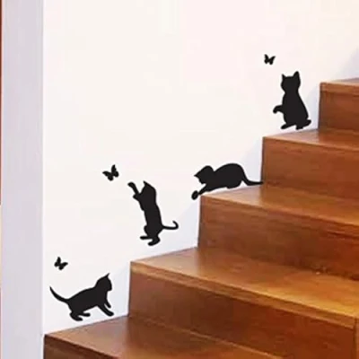 Afbeelding van Katten Spelen Catching Butterflies Home Vinyl Muursticker Decor Keuken Dieren Behang Decoratie Kinderen Slaapkamer