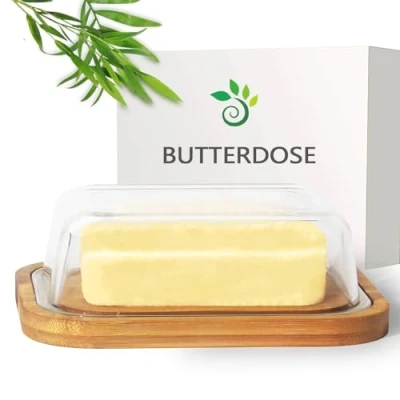 Afbeelding van Botervloot van glas en bamboe, milieuvriendelijke duurzame hoogwaardig glazen deksel, boterbox, 250 g boter