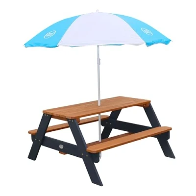 Afbeelding van AXI Nick Picknicktafel Antraciet/bruin Parasol Blauw/wit Picknick tafel voor kinderen van FSC hout