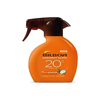 Afbeelding van Bilboa, Glow zonnebrandcrème SPF 20, spray met kokosolie en vitamine E, licht op de huid, waterbestendige zonwering, 250 ml