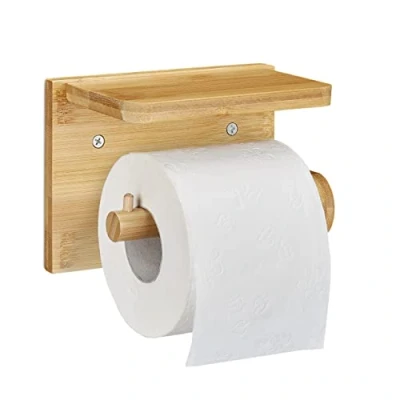 Afbeelding van Relaxdays toiletrolhouder met plankje wc rolhouder bamboe toilet hout