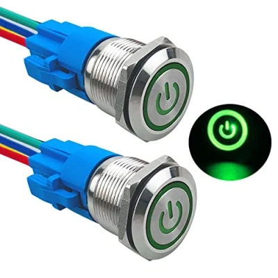 Afbeelding van Aiqeer 2 stuks, 19 mm, zelfblokkerende drukknopschakelaar, 12 V/24 V, 5 A, drukknopschakelaar van roestvrij staal, waterdicht IP67, met voorbedrade stekker (groene led)