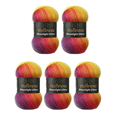 Afbeelding van Wollbiene Moonlight Glitter Batik Simli Breiwol, 5 x 100 g, 500 voor breien en haken, 20% metallic wol, Turkse kleurverloop, 2600 regenboog