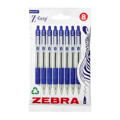 Afbeelding van Zebra Pen Z Grip 8 stuks blauwe balpennen met zakclip, intrekbare inkt, betrouwbare voor dagelijks gebruik, zebrapatroon