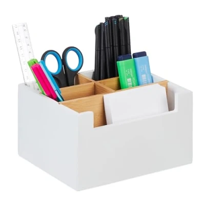 Afbeelding van Relaxdays pennenbak wit 5 vakken bamboe bureau organizer kwastenhouder kantoor