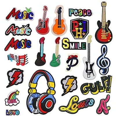 Afbeelding van Woohome Muziek Borduurwerk Patch om op te strijken, 23 STKS Gitaar Opmerking Oortelefoon Sticker Appliques Opstrijkbare of Naaipatch voor Kleding T shirt