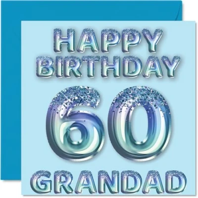 Afbeelding van Verjaardagskaart voor opa 60 jaar, blauwe glitterballonnen, verjaardagskaarten jarige grootvader van kleinzoon en kleindochter, 145 mm x