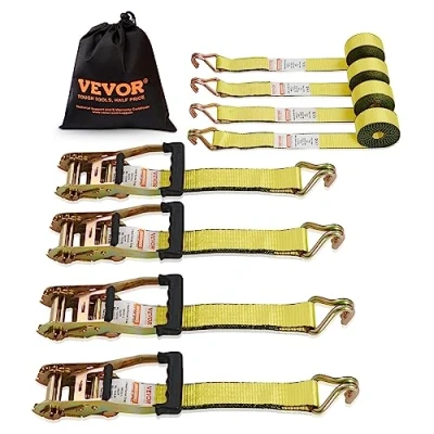 Image de VEVOR Sangle à Cliquet Lot de 4 Sangles d&#039;Arrimage Résistance la Rupture Max. 2268 kg 0,05x4,6 m Crochet Double J pour Sécuriser Cargaison, Appareils Électroménagers, Équipement, Motos, Déménagement