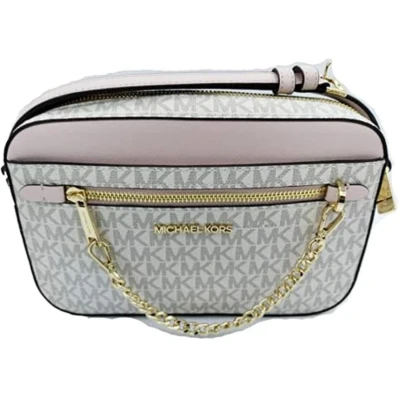 Afbeelding van Michael Kors Jet Set Item Large East West Signature Leather Zip Chain Crossbody Handbag (Vanilla PVC/Powder Blush)