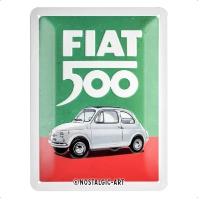 Afbeelding van Nostalgic Art Vintage bord, Fiat 500, Italian Colours 26254, cadeau idee voor autofans, metaal, retro design, 15 x 20 cm