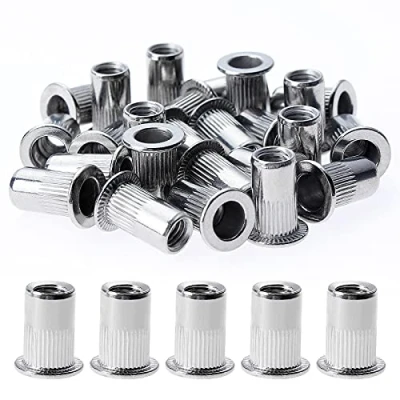 Afbeelding van Gueenky 150 stuks klinknagelmoer M5, klinknagelmoeren van roestvrij staal, platte kop, moer, inzetstuk, assortimentsset voor hout, meubels, (10 mm x 12 mm)