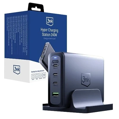 Afbeelding van 3mk, Docking station GaN 240W 3x USB C Power Delivery 1x Quick Charge, Zwart