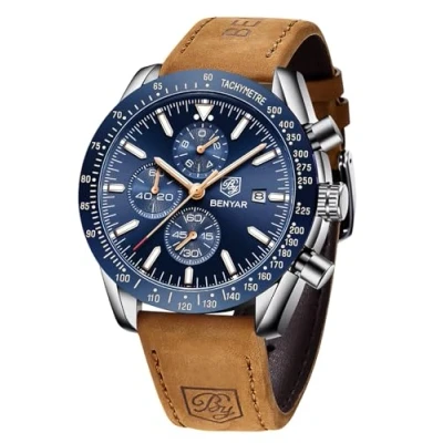 Afbeelding van Benyar Herenhorloge, chronograaf voor heren, kwartsuurwerk, leren armband, zakelijk sporthorloge, 30 m, waterdicht en krasbestendig, elegant cadeau, Zwart 1