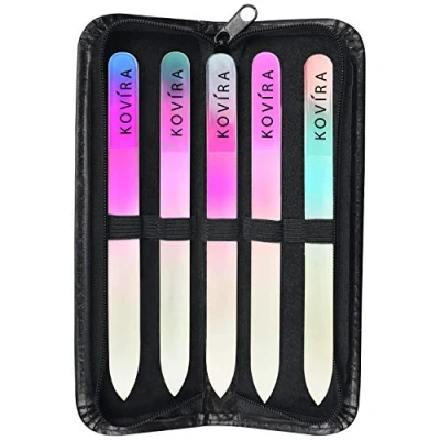 Afbeelding van Kovira Nagelvijl van glas met etui (5 stuks) Langhoudende dubbelzijdige glazen vijl manicure/pedicureset voor natuurlijke en kunstnagels Professionele kristallen