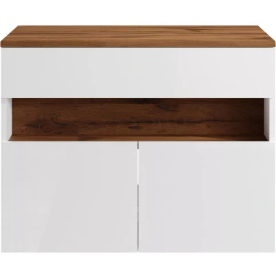Afbeelding van Zwevend wastafelmeubel met ledverlichting en legplank Wit donkere houtlook L80 cm POZEGA L 80 x H 60 D 46