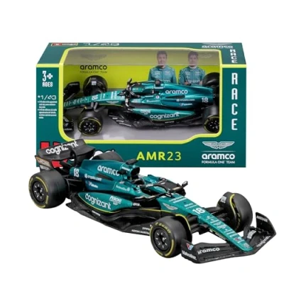 Image de Bburago Aston Martin AMR23#18 Stroll Voiture de F1 réaliste à l&#039;échelle 1:43, réplique en fonte avec licence officielle Martin, âge recommandé : 3 ans et plus