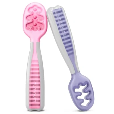 Afbeelding van NumNum Baby Leerlepels, 2 voorlepels (fase 1 + fase 2), Ideaal BLW, Roze/Lila