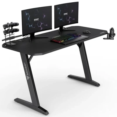 Afbeelding van SENSE7 Nomad Classic Computerbureau Gamingbureau Zwarte Stabiele bouw Groot tafelblad 140 x 60 cm Bekerhouder Hoofdtelefoonhouder Kabel organiser