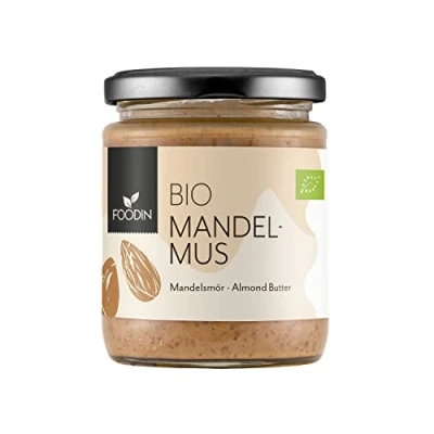Image de FOODIN Boue d&#039;amande marron bio dans un verre, beurre d&#039;amande, excellente source de protéines et d&#039;acides gras, 100 % biologique, sans gluten végétalien (250 g)
