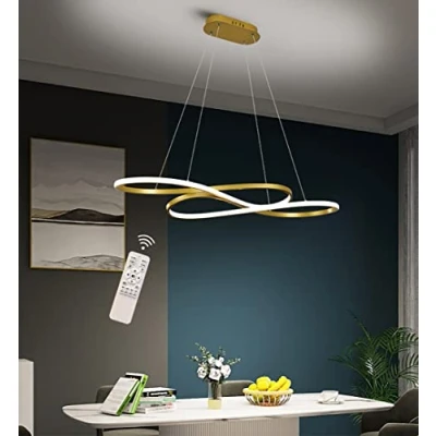 Afbeelding van Led hanglamp, eettafel, hanglamp van aluminium, dimbaar, met afstandsbediening, in hoogte verstelbare kroonluchter, verlichting voor eetkamer, restaurant, keuken (goud)