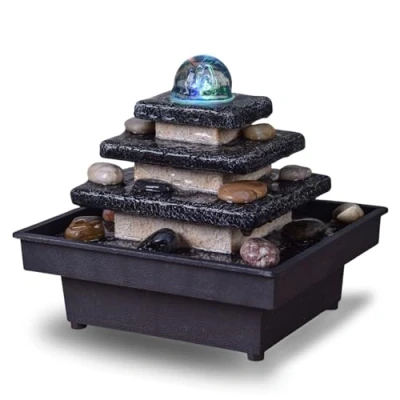 Afbeelding van Binnenfontein Waterval Trap Tempel Kleurrijk Licht Zen Woondecoratie Ontspannend Woonkamer Slaapkamer Kantoor Decoratieve Tafelfontein, Cadeau idee, H 18 x 20 cm Eka Zen&#039;Light