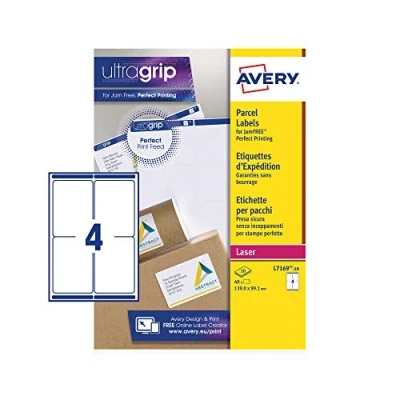 Afbeelding van Avery UltraGrip (L7169) adresetiketten, bedrukbaar, personaliseerbaar, 4 etiketten per A4 vel, wit, 139 x 99,1 mm, 40 stuks