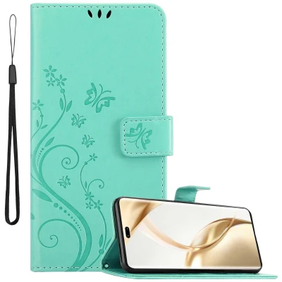 Afbeelding van Cadorabo Hoesje geschikt voor Honor 200 Pro in BLOEMEN TURKOOIS Beschermhoes bloemmotief met magnetische sluiting, standfunctie en kaartsleuven Book Case Cover Etui