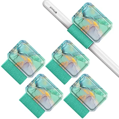 Afbeelding van Fintie Set van 4 zelfklevende pennenhouders voor Apple Pencil en stylus, kunstlederen elastieken notitieboek, kalender, tablet, map, groen marmer