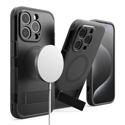 Afbeelding van Ringke Beschermhoes compatibel met iPhone 15 Pro Max [alles] antislip, schokbestendig, robuust, ultradun, zacht, duurzaam, geïntegreerde standaard, Max, zwart
