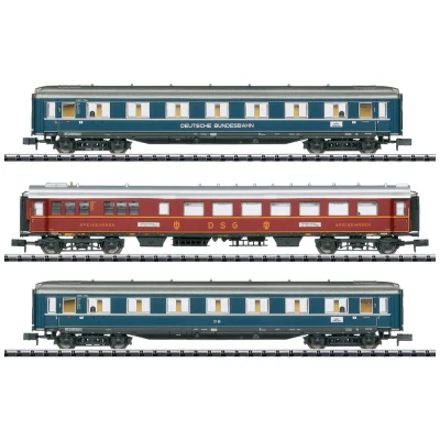Afbeelding van MiniTrix 18259 N set van 3 personenrijtuigen F Zug F41 Senator de DB 1e klas A4üe, ABü 38, restauratierijtuig WR4ü