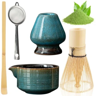 Afbeelding van BAIFULAI Ensemble à thé matcha 5 pièces en céramique, fouet japonais, bol matcha, porte fouet, passoire, accessoires japonais pour la cérémonie du (bleu décoloré au four)