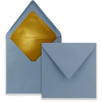Afbeelding van 50 stuks briefenveloppen, vierkant, 15,5 x cm, grijs blauw (blauw), gevoerd met goudkleurig papier, natte plakrand FarbenFroh by GUSTAV NEUSER