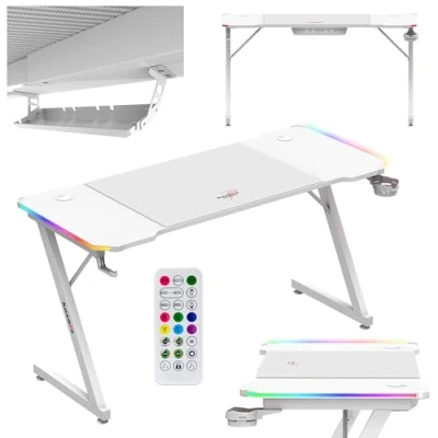 Afbeelding van huzaro Hero 3.3 RGB Wit LED Computer Bureau met Muismat, Hoofdtelefoon Haak Bekerhouder Kabelorganisator Carbon Tafelblad Stabiel 140 x 60