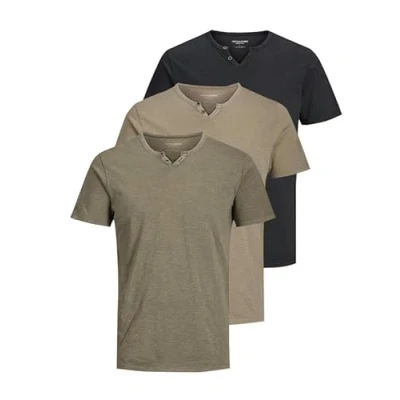 Afbeelding van JACK &amp; JONES JJESPLIT T shirt basique pour homme, col en V, manches courtes, jersey de coton, avec boutons, Lot 3 (pack B : Granite Green, Ultimate Grey, Black), L