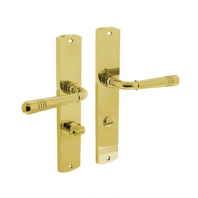 Afbeelding van Intersteel Deurkruk Emily op schild 235x45x8 mm met WC63/8 messing gelakt