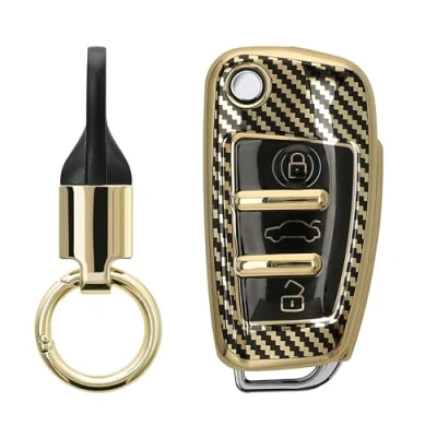 Afbeelding van kwmobile autosleutel hoesje met sleutelring geschikt voor Audi 3 knops Sleutel case sleutelhanger Metallic Carbon design in goud / zwart
