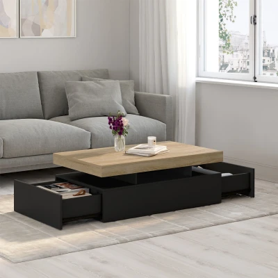 Image de Table basse rectangulaire ELSA 2 tiroirs en bois noir et plateau façon hêtre IDMarket