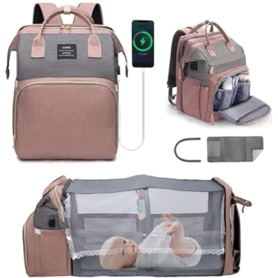 Afbeelding van Luiertas, rugzak, babytassen met draagbaar aankleedkussen, fopspeenhouder en kinderwagenriemen, opvouwbare Mommy Bag Diaper Bag, roze, m