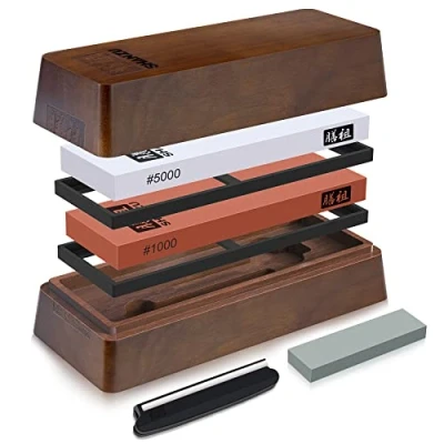 Afbeelding van SHAN ZU Wetsteen Messen Slijpstenen 1000/5000 met Houten Opbergdoos en Antislip Siliconen Houder Hoekgeleider, Premium voor Keukenmessen Slijpen