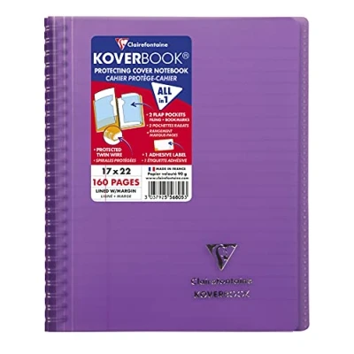 Afbeelding van Clairefontaine 556805C Spiraalboek Koverbook, violet, 17 x 22 cm, 160 pagina&#039;s, gelinieerd met rand, wit papier, 90 g, envelop van polypropyleen