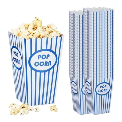 Afbeelding van popcorn bakjes set van 48 karton herbruikbaar gestreept blauw wit