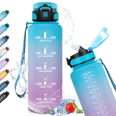 Afbeelding van sportfles zonder verlies, 1,5 liter, met tijdschaal, fles rietje, gemakkelijk te reinigen, voor sport, wandelflessen, fietsen, fitness
