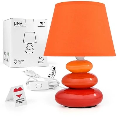 Afbeelding van Urban Lifestyle Lina bedlampje (oranje) keramische tafellamp met stoffen lampenkap, geschikte led, E14, 230V,
