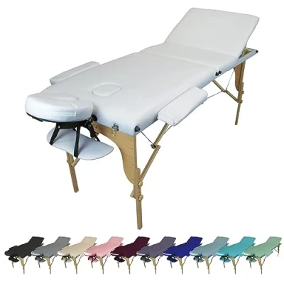Afbeelding van Vivezen opklapbare massage ligstoel, 3 zones, van hout, met reiki paneel + accessoires en transporttas, 10 kleuren, CE norm, wit