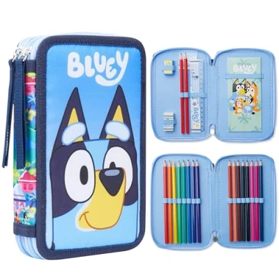 Afbeelding van Bluey pennenetui, gevuld met schrijfwaren voor kinderen, schoolbenodigdheden, kleurpotloden, notitieblok, cadeaus Blauw, één maat, Potloodtassen
