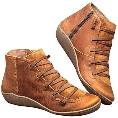 Afbeelding van Kinloy Veterlaarzen voor dames met ondersteuning van de voetboog en platte hak, ritssluiting aan zijkant, waterdicht, vintage, leer, antislip, herfst, winter, vrijetijdsschoenen, maat 36 41, Bruin