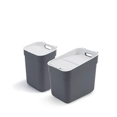 Afbeelding van Curver Ready to Collect Recycling vuilnisemmer, 10 + 20 l, met wandhouder of deur, ideaal voor keuken badkamer, 100% gerecycled, deksel en ring tas, grijs, 2 stuks