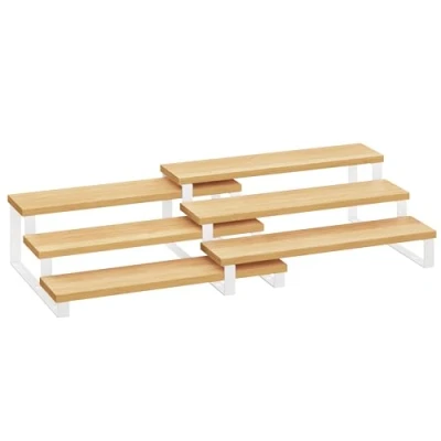 Afbeelding van SONGMICS KCS016N02 Kruidenrek van bamboe, 2 stuks, uittrekbaar, 3 niveaus, opbergrek voor kast, werkblad, keuken, badkamer, hout en wit