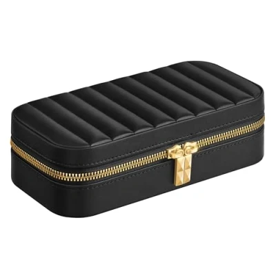 Afbeelding van SONGMICS HOME ANAH Collection JBC180B01 Reissieradendoos, kleine sieradendoos met spiegel, 10,5 x 20,5 6 cm, PU naden, ritssluiting, cadeau idee, inktzwart